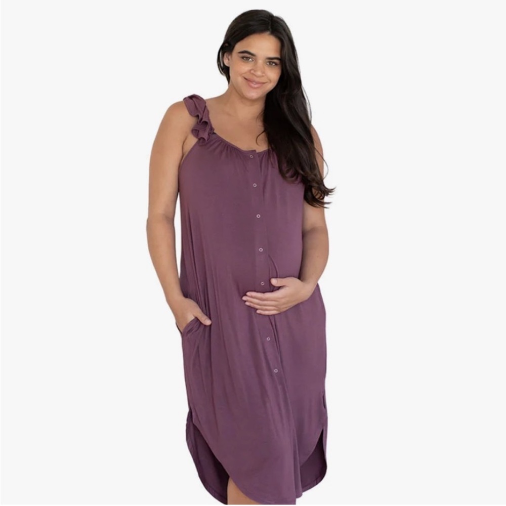 NWT Kindred Bravely Ruffle Strap Labor & Delivery Gown Dress Burgundy Plum M/L